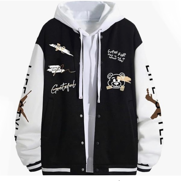Black White Mens Button Up Bomber Jacket